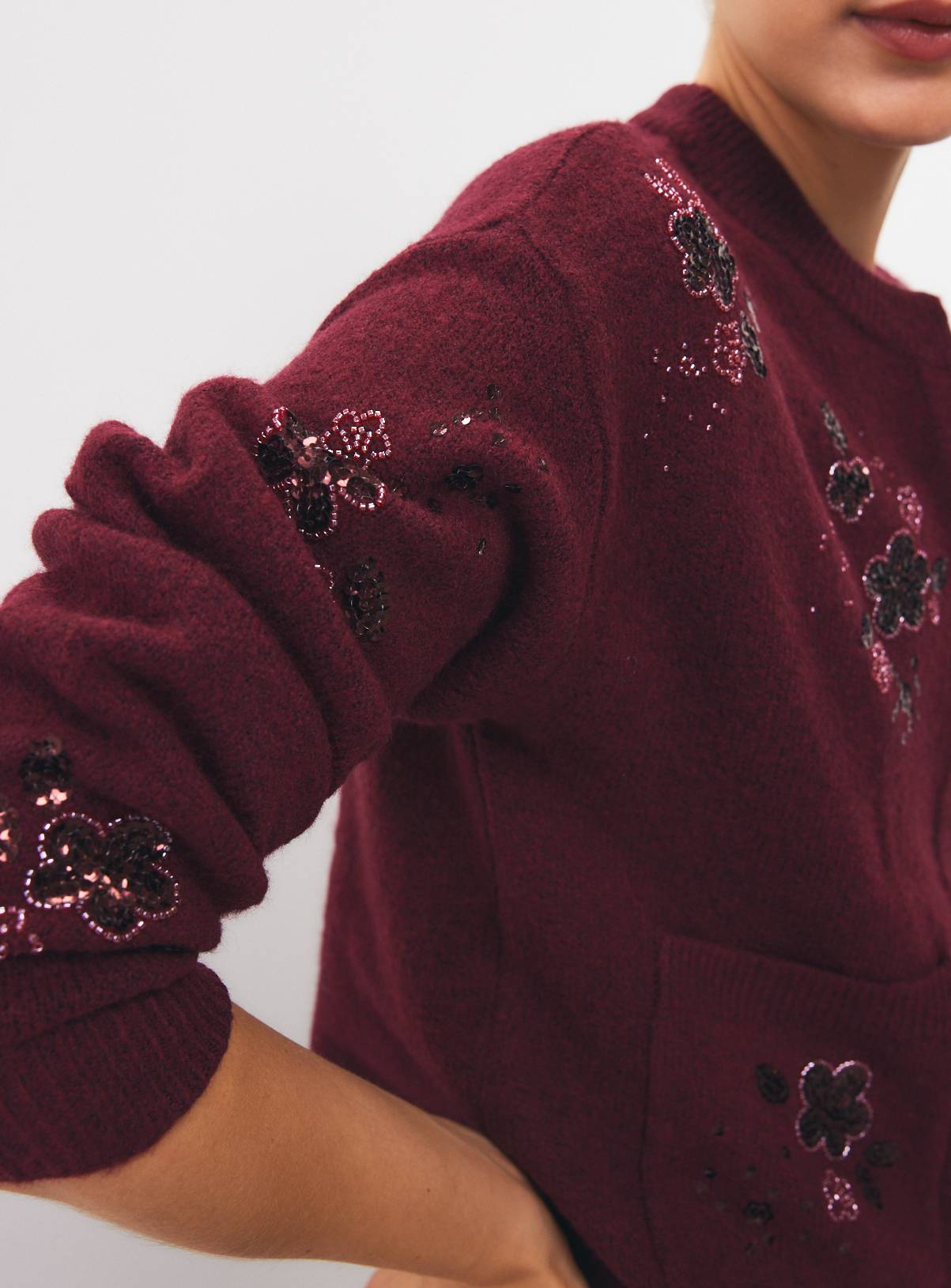 Berry Red Floral Beaded Sequin Pocket Cardigan XS - Image 2